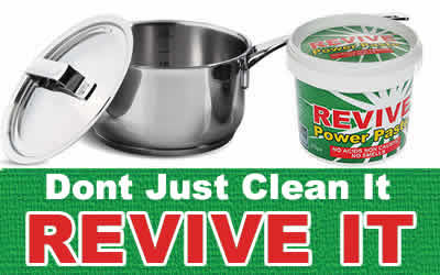 Removes burnt on grease from pots, pans and saucepans with Revive